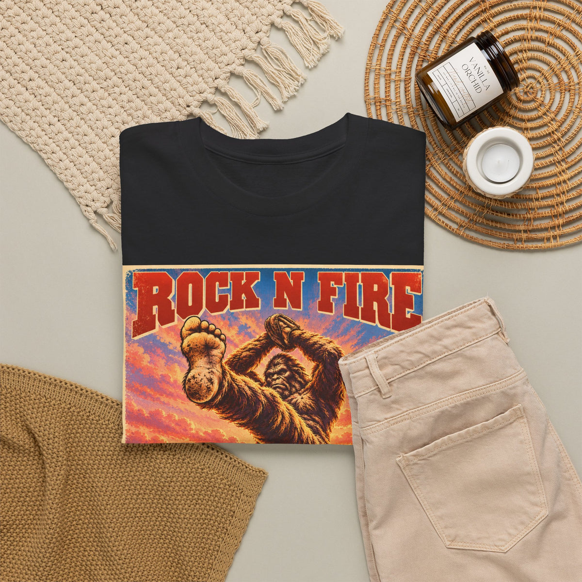Rock N Fire Bigfoot Tee — Vintage Sunset Monster Graphic T-Shirt