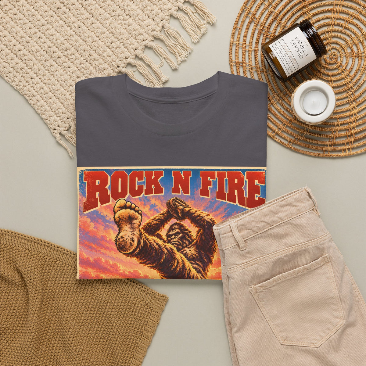 Rock N Fire Bigfoot Tee — Vintage Sunset Monster Graphic T-Shirt