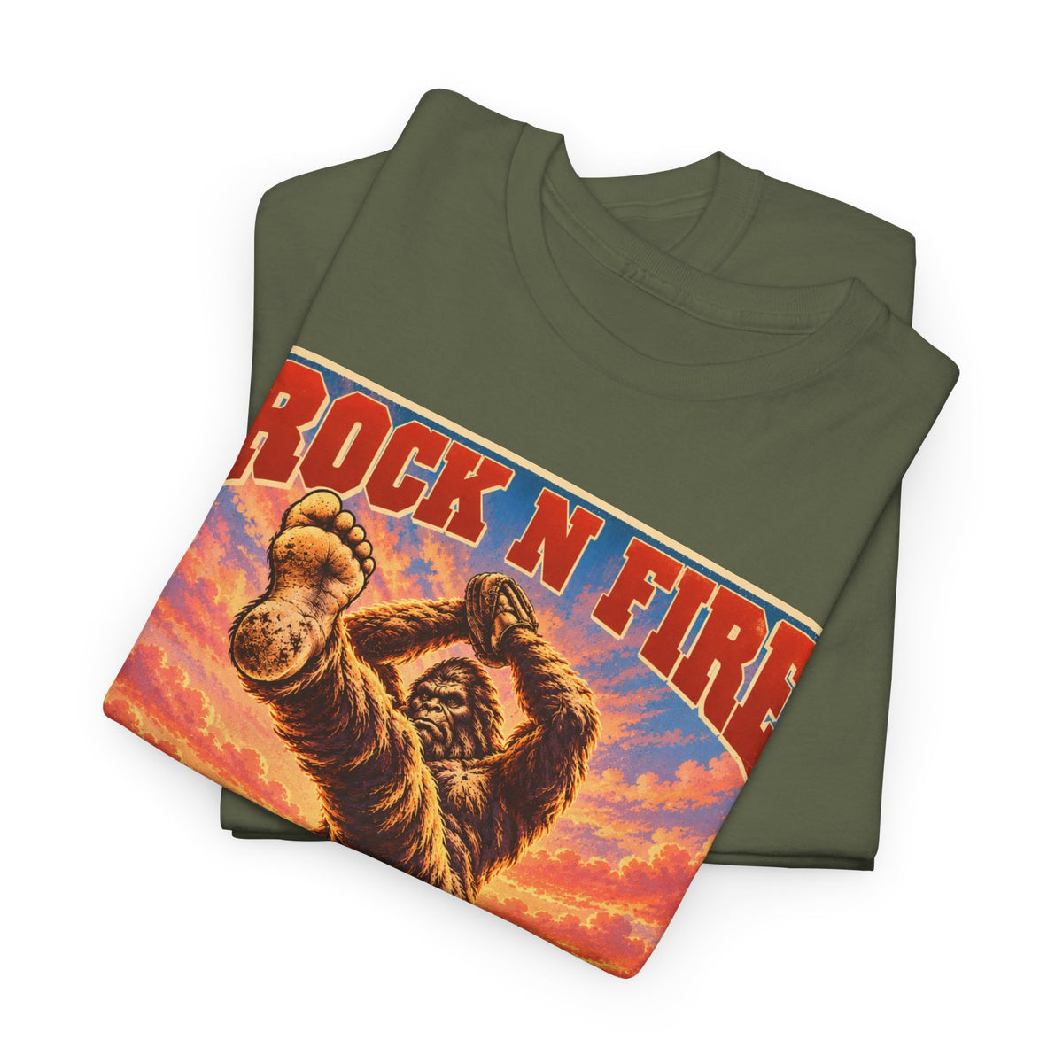 Rock N Fire Bigfoot Tee — Vintage Sunset Monster Graphic T-Shirt
