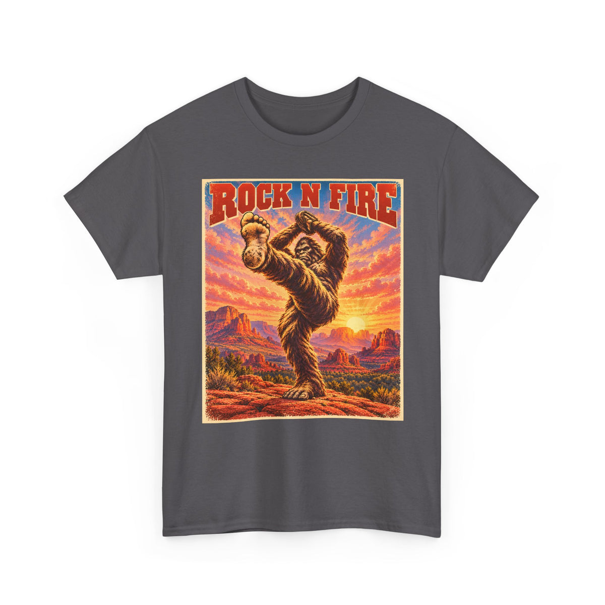 Rock N Fire Bigfoot Tee — Vintage Sunset Monster Graphic T-Shirt