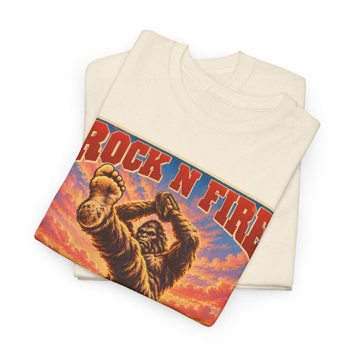 Rock N Fire Bigfoot Tee — Vintage Sunset Monster Graphic T-Shirt