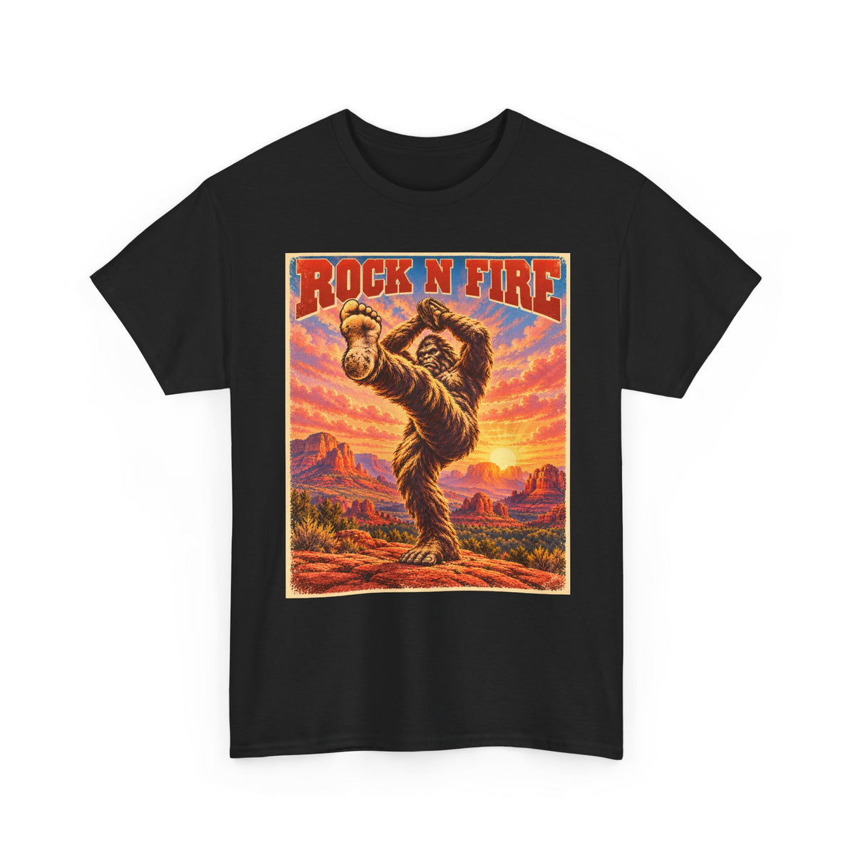 Rock N Fire Bigfoot Tee — Vintage Sunset Monster Graphic T-Shirt