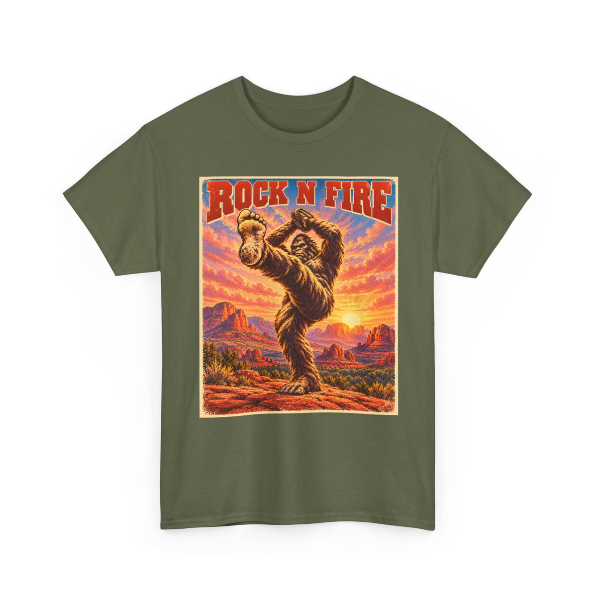 Rock N Fire Bigfoot Tee — Vintage Sunset Monster Graphic T-Shirt