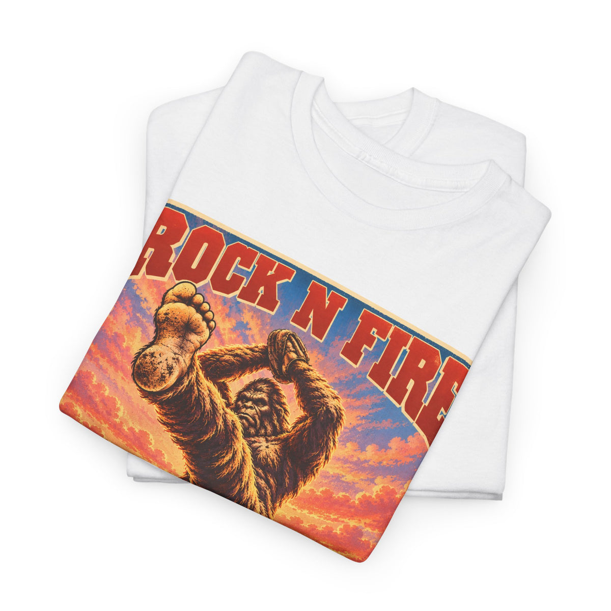 Rock N Fire Bigfoot Tee — Vintage Sunset Monster Graphic T-Shirt