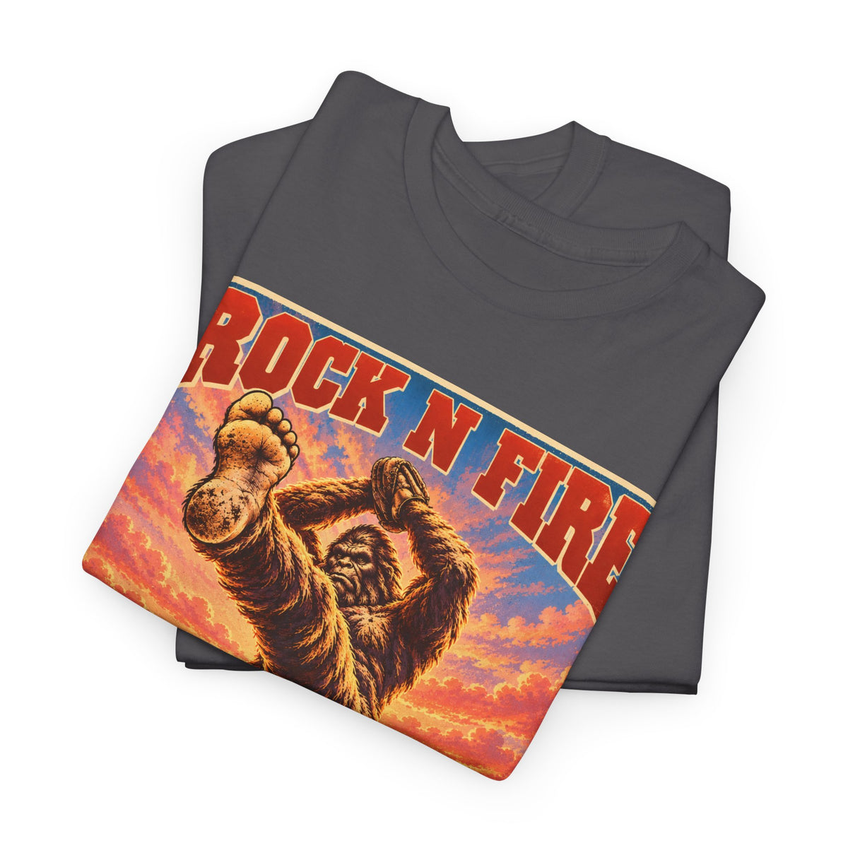 Rock N Fire Bigfoot Tee — Vintage Sunset Monster Graphic T-Shirt