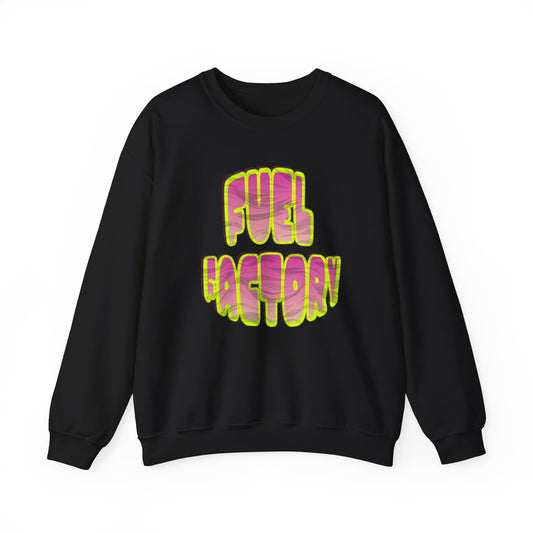 Crewneck Sweatshirt — 'Fuel Factory' Retro Bubble Graphic, Neon Pink & Yellow