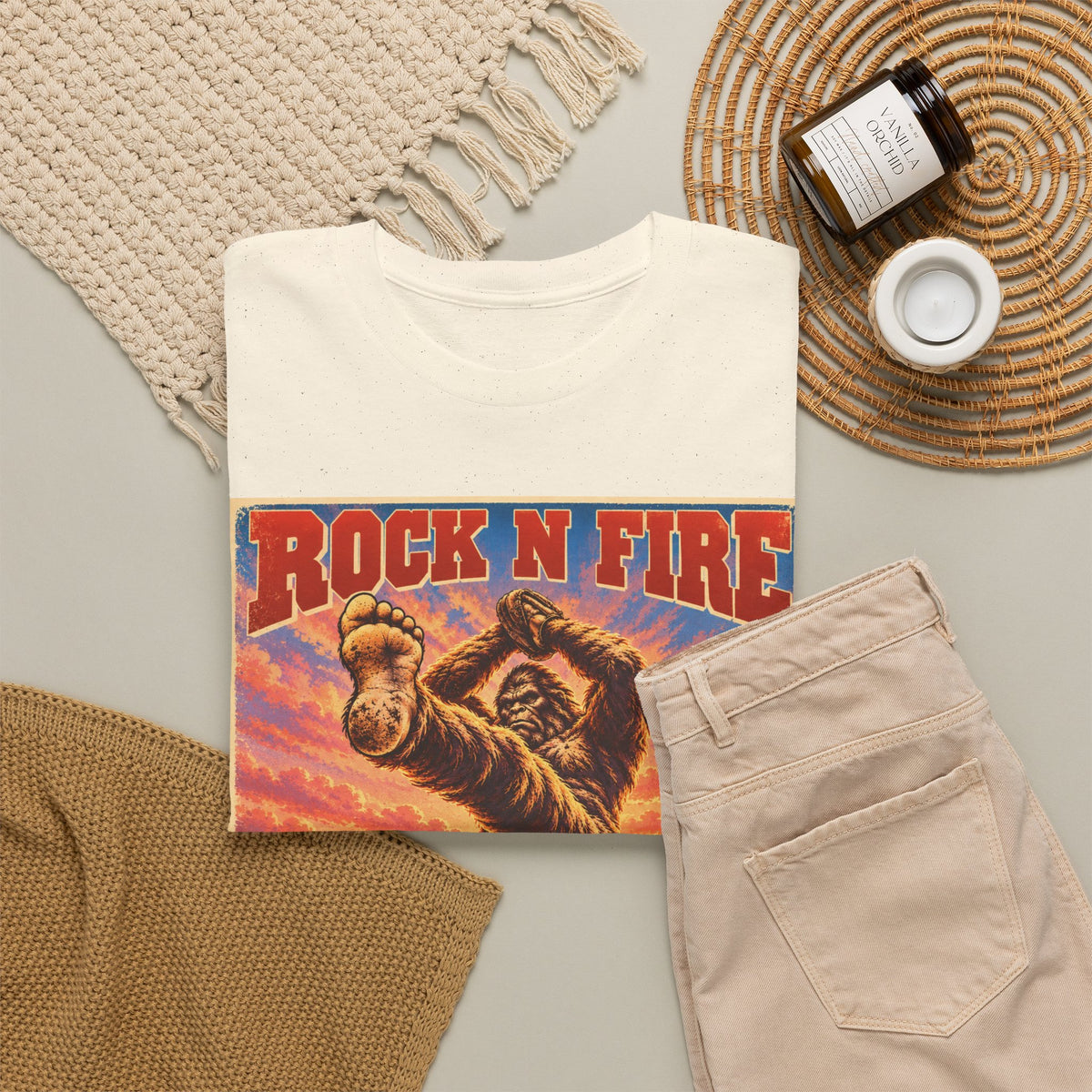 Rock N Fire Bigfoot Tee — Vintage Sunset Monster Graphic T-Shirt