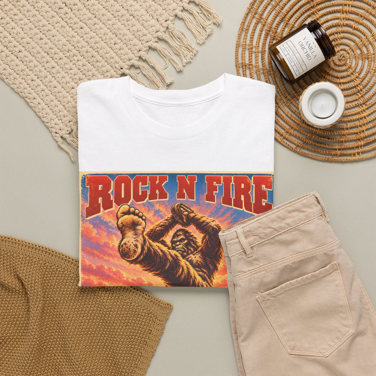 Rock N Fire Bigfoot Tee — Vintage Sunset Monster Graphic T-Shirt