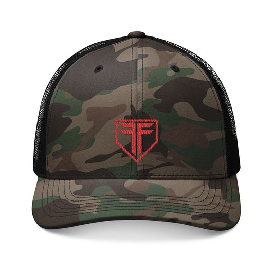 Camo Trucker Hat – Red Embroidered Shield Logo