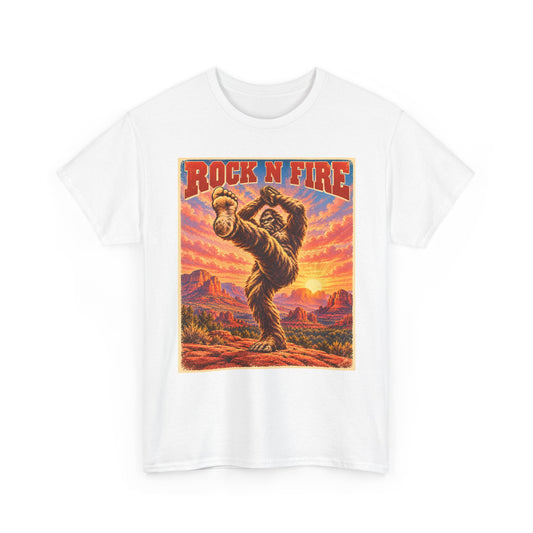 Rock N Fire Bigfoot Tee — Vintage Sunset Monster Graphic T-Shirt