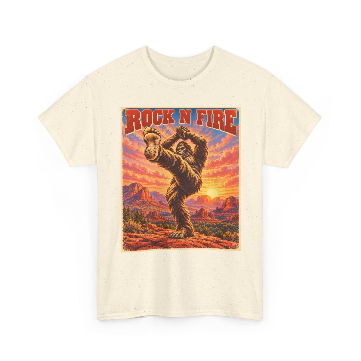 Rock N Fire Bigfoot Tee — Vintage Sunset Monster Graphic T-Shirt