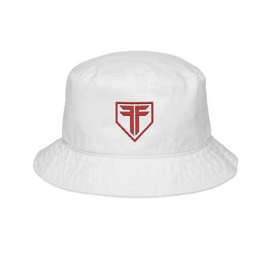 Embroidered Red Shield Bucket Hat — Casual Streetwear Sun Hat
