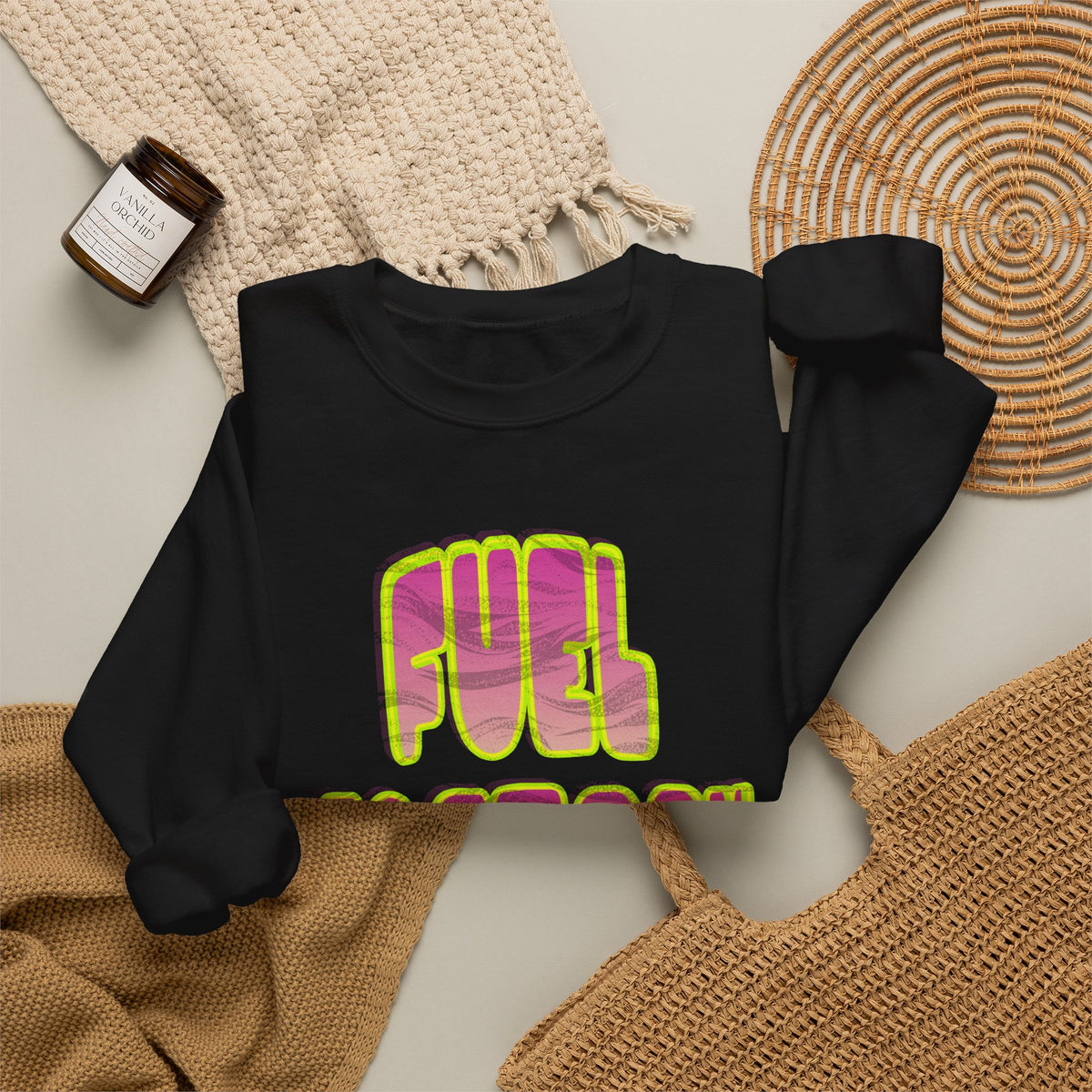 Crewneck Sweatshirt — 'Fuel Factory' Retro Bubble Graphic, Neon Pink & Yellow