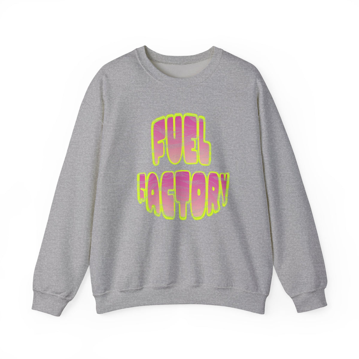 Crewneck Sweatshirt — 'Fuel Factory' Retro Bubble Graphic, Neon Pink & Yellow